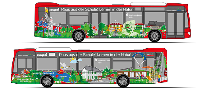 Layouts für die Busgestaltung zur Verkehrsmittelwerbung. Zu sehen sind die Illustrationszeichnungen als Vorlage für die Busbeklebung