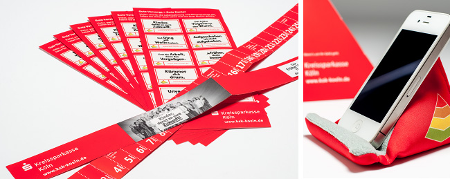Flyer und Werbeartikel in Form eines Handyhalters der Kreissparkasse Köln